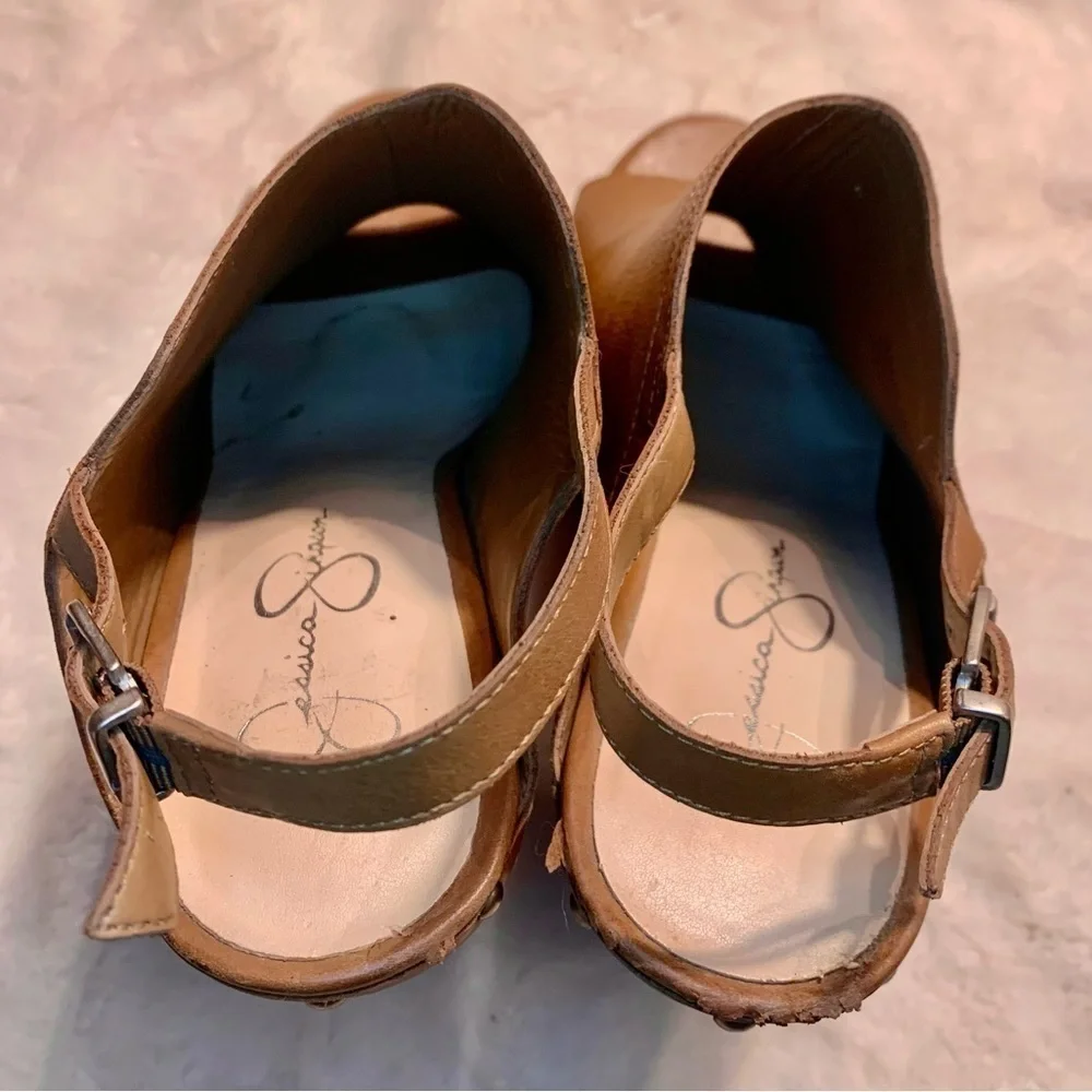Jessica Simpson Pumps Sz 9.5 Daine Leather Tan Camel Open-Toe High Heels Straps